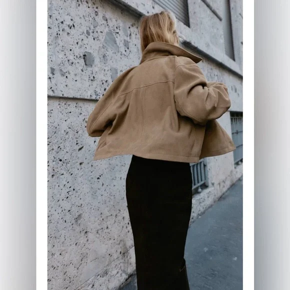 Zara New 100% Leather Suede Collar Jacket Beige NWT - Picture 5 of 14